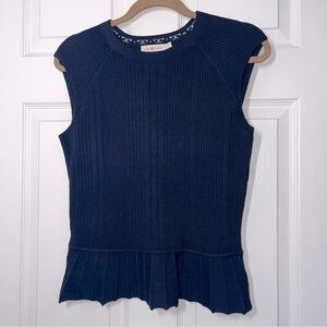 TORY BURCH Margaret Navy Blue Sleeveless Ribbed Peplum Knit Top Size Small